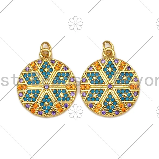 Colorful Cz Micropave Flower Round Coin Shape Pendant