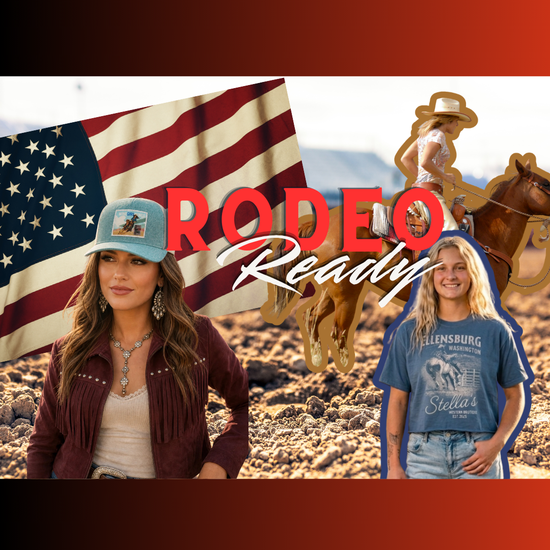 A promotional graphic for western wear featuring two women in rodeo-themed apparel against a rocky desert background with an American flag and wooden cowboy cutouts. Large text reads 'RODEO Ready'.